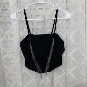 Black & Silver Western Tassel Crop Top